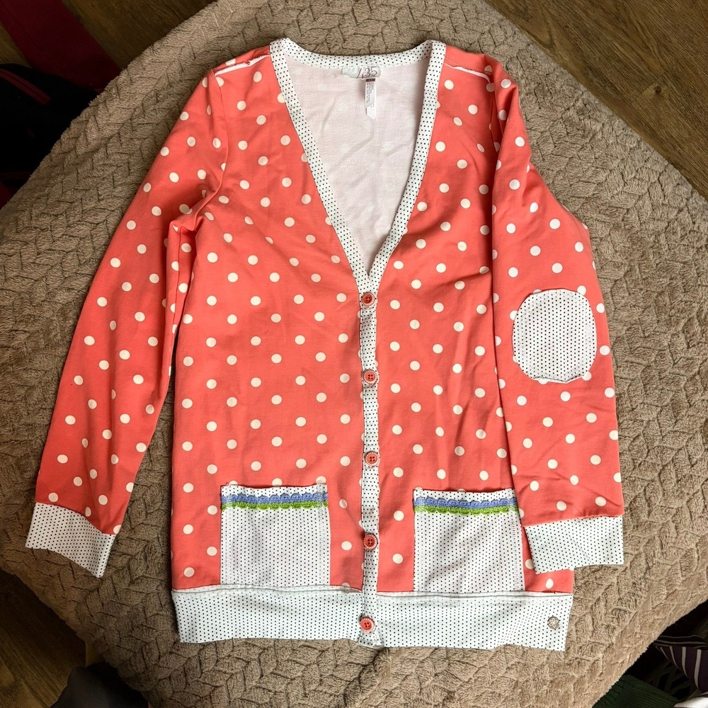 Matilda Jane 435 Cardigan‎ Size 14 Coral Pink Polka Dot Whimsical Elbow Patch